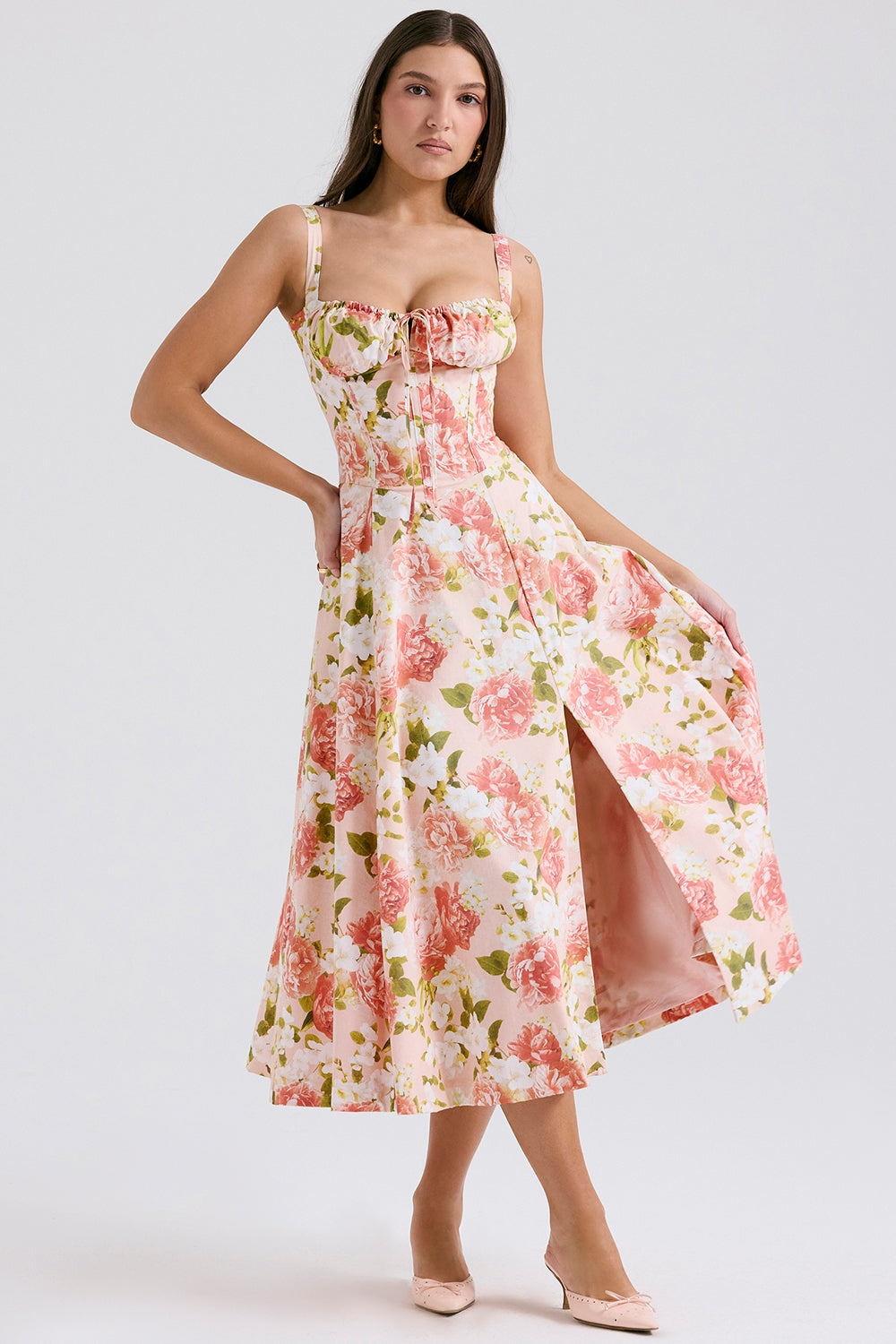 CARMEN PINK PEONY PRINT COTTON BUSTIER SUNDRESS MIDI DRESS - Pink