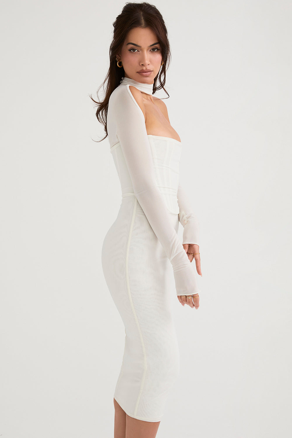 MILAROSE WHITE MESH CORSET MIDI DRESS - White