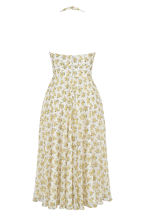 SOLADA IVORY VINTAGE FLORAL PRINT GEORGETTE HALTER SUNDRESS MIDI DRESS - White