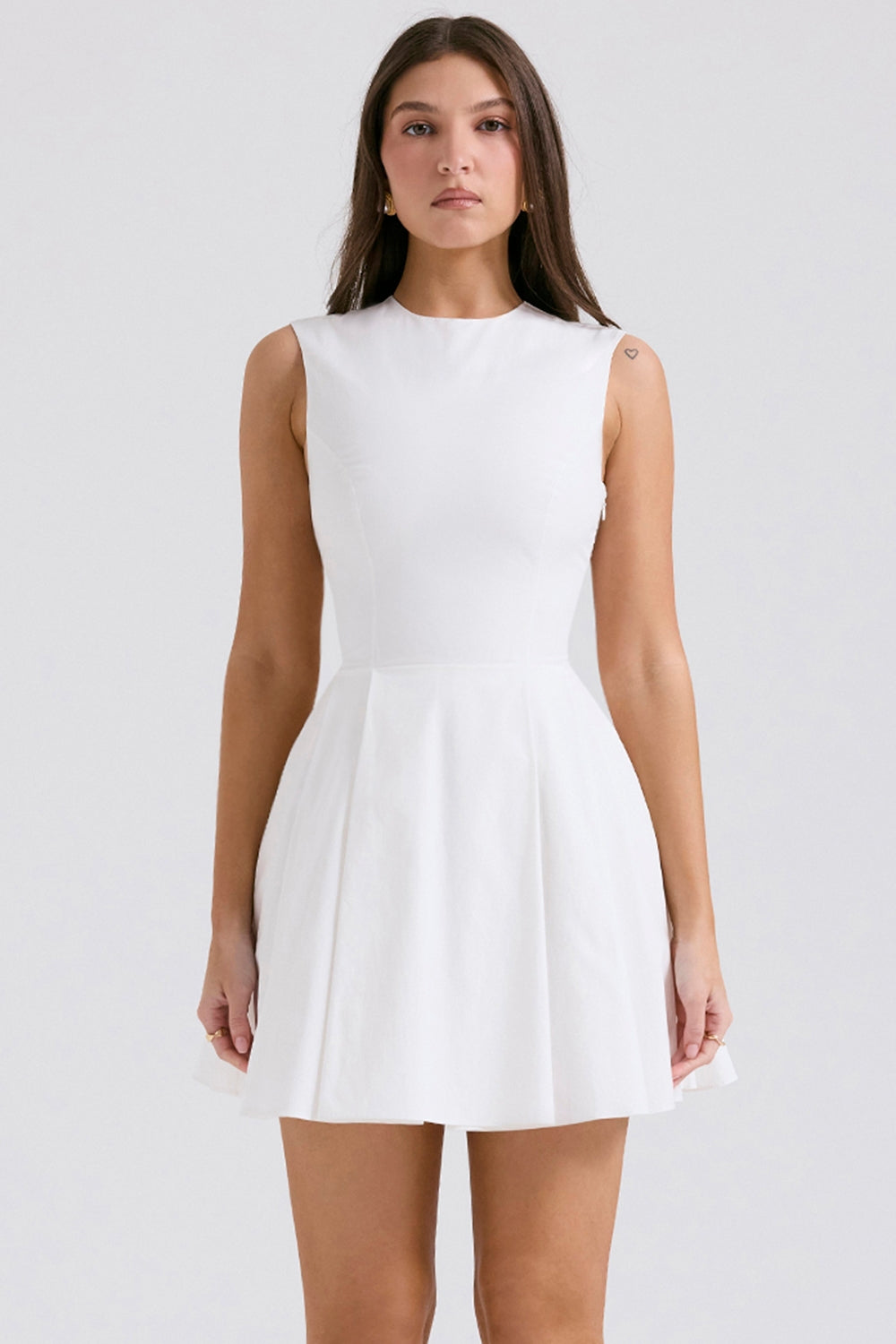 CLARETTA WHITE PLEATED COTTON MINI DRESS - White