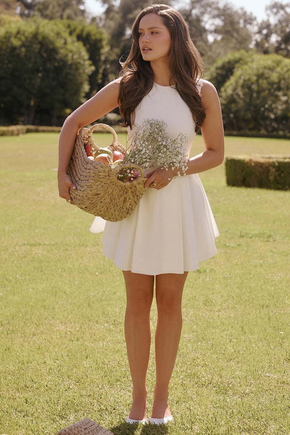 CLARETTA WHITE PLEATED COTTON MINI DRESS - White