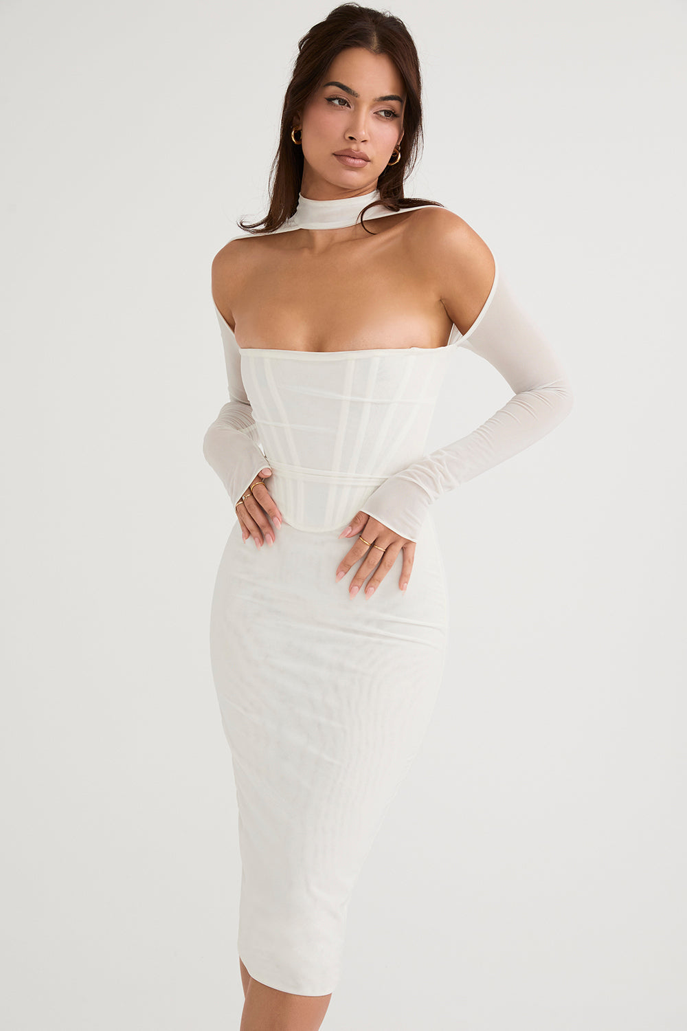 MILAROSE WHITE MESH CORSET MIDI DRESS - White