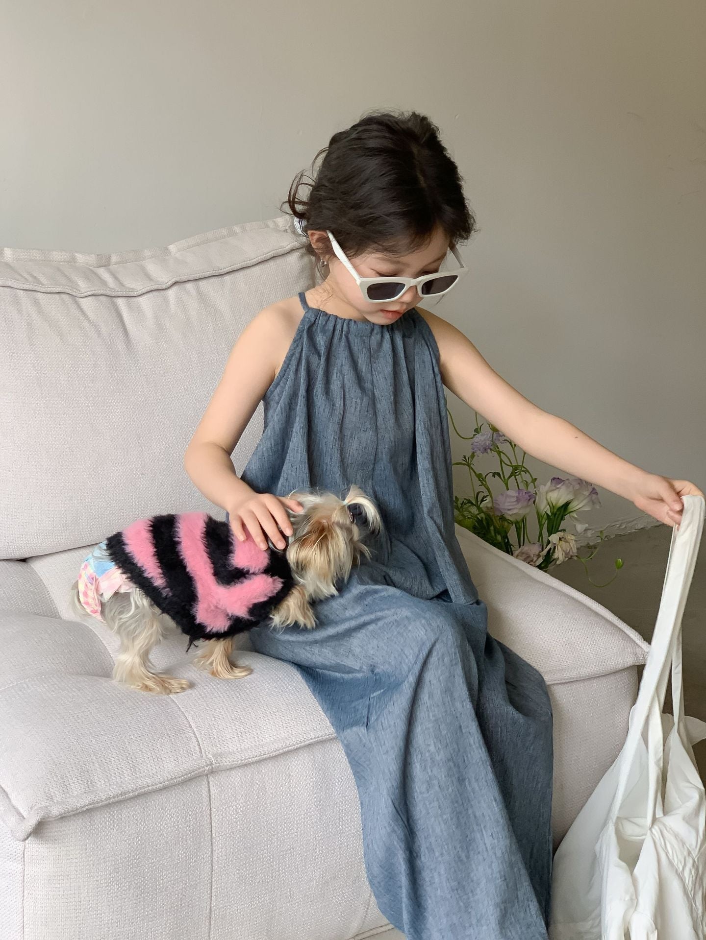 Girls' Blue Suspenders Wide-leg Pants Set in the Big Virgin Bao Cool Two-Piece Set