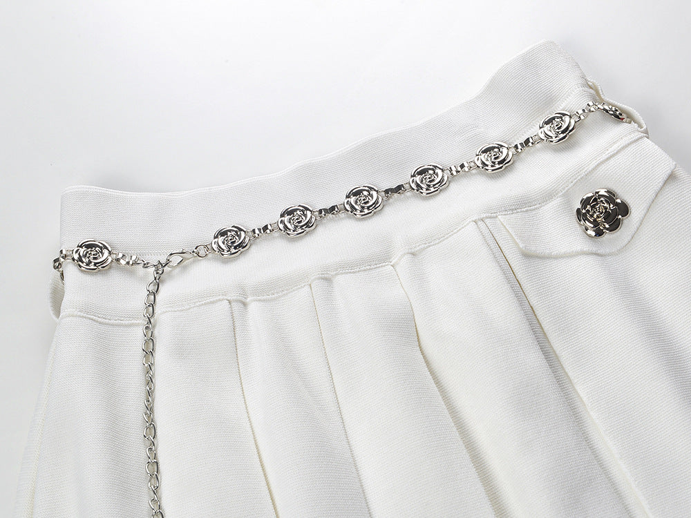 flower buttons, short sleeve top pleated skirt set