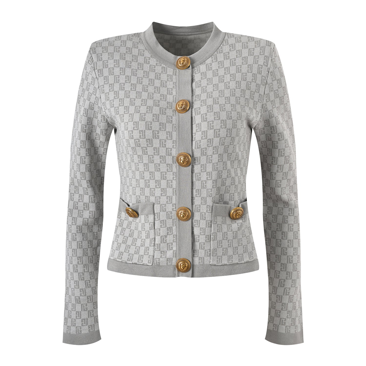 The Camille Luxe Jacquard Three-Piece Mini Skirt Set - Gray, Brown & Blue