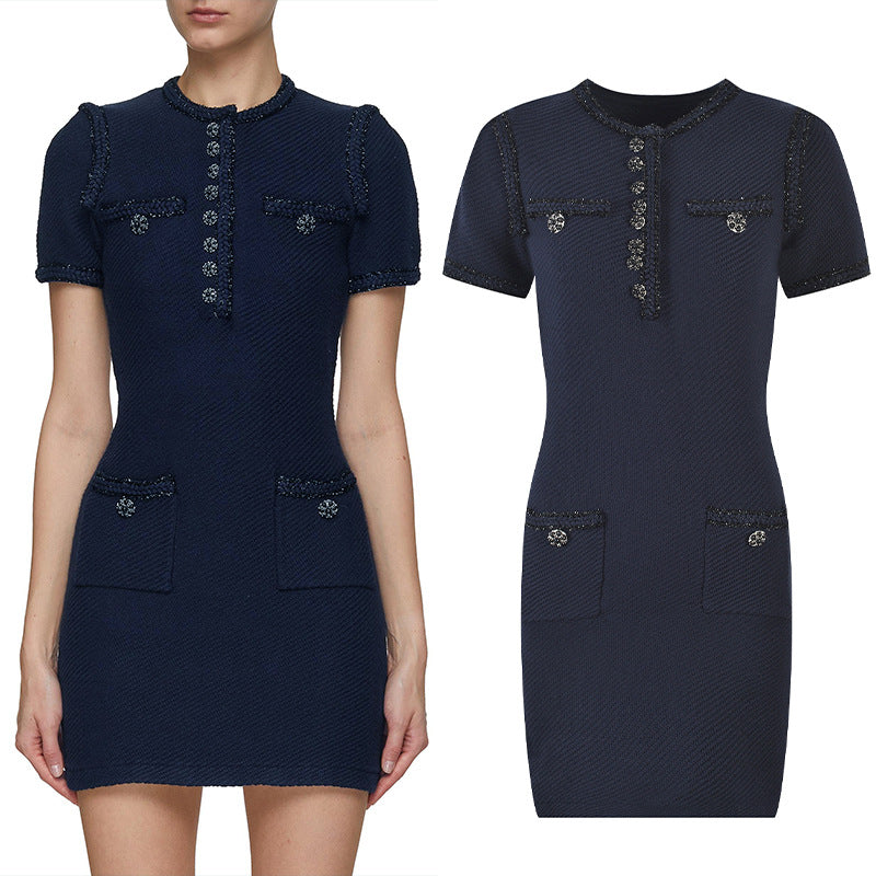 Women's French Commuter Diamond Buckle Short Sleeve Skirt