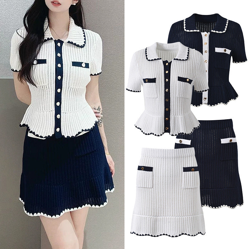 Hand-hooked ruffle lapel, single-breasted knitted skirt