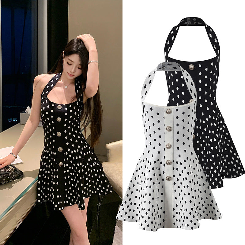Dotted backless halterneck dress