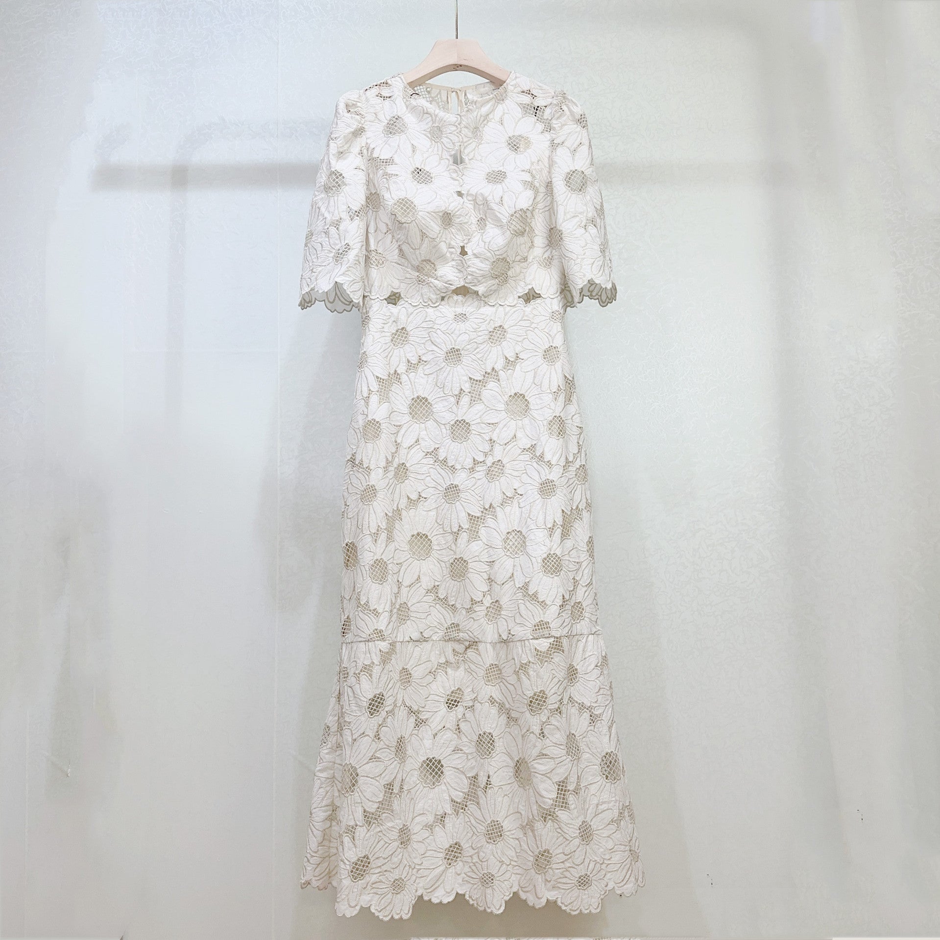 Celestine Embroidered Daisy Lace Midi Dress in Ivory - White Beige