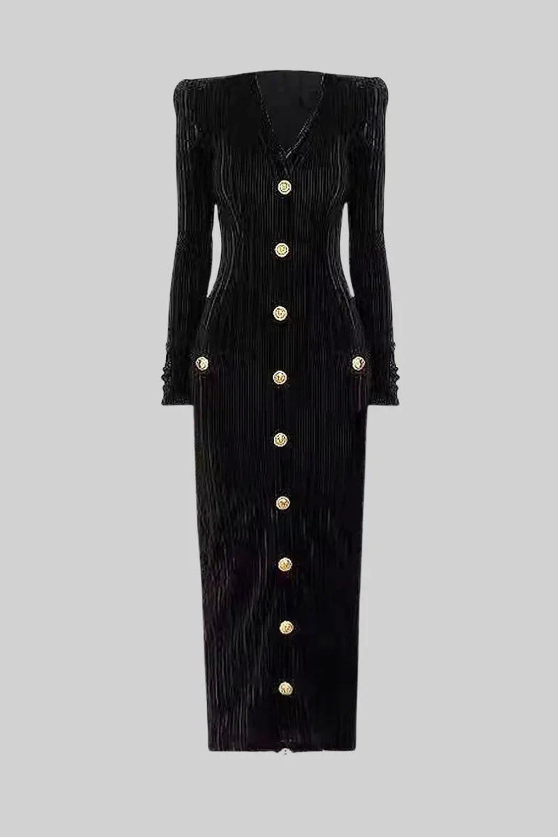 Long Sleeve Noir Velvet Midi Dress - Black
