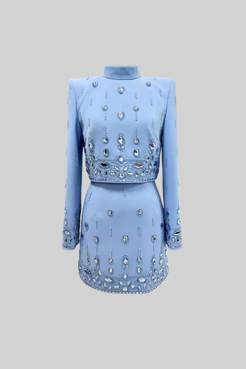 Diamond Embellished Co-Ord with Mini Skirt - White