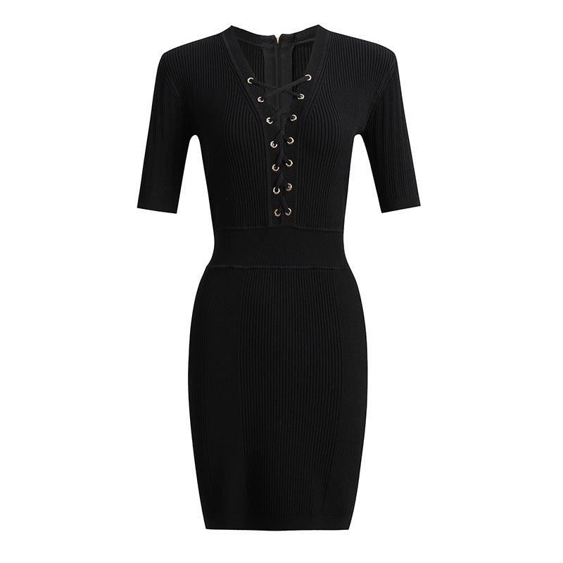 Zipper Short Sleeve Cinched Waist Knit Dress