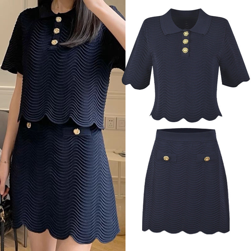 Lapel lace wavy texture knitted T-shirt skirt set