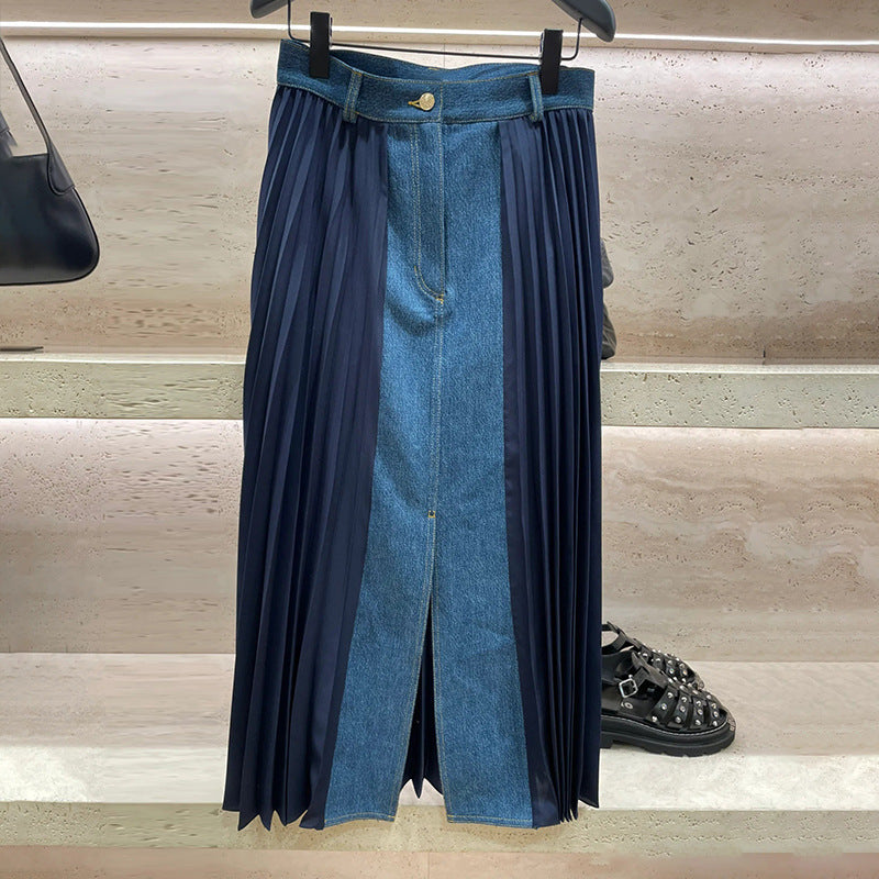 Tide Line Denim Panels Pleated Skirt