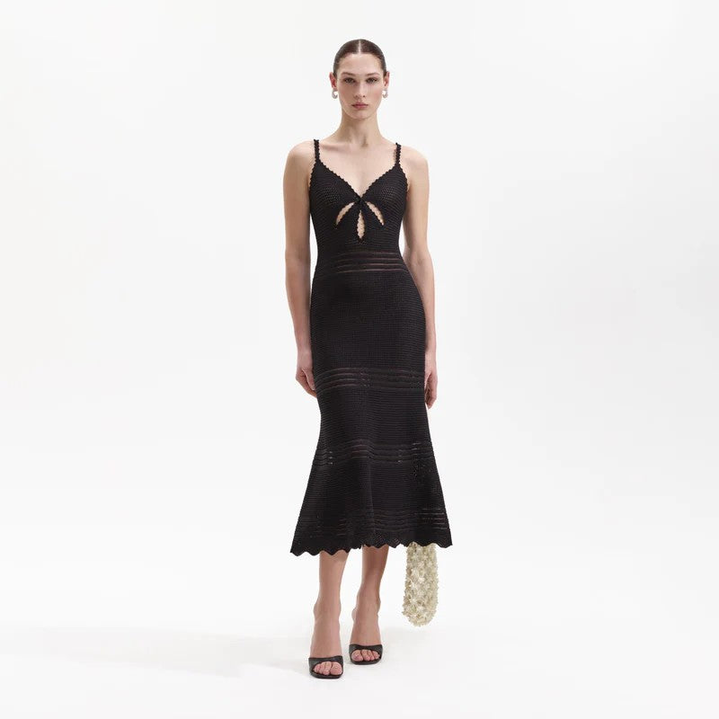 white christmas dresses Sleeveless Square Neck Crochet Maxi Dress with O Ring Waist Cut Out Detail D / Cream / L