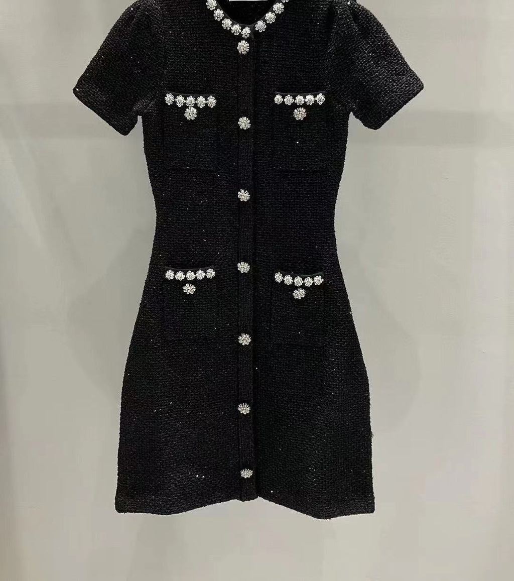 knitting dress single breasted Black single-breasted short-sleeved knit 8.22.26