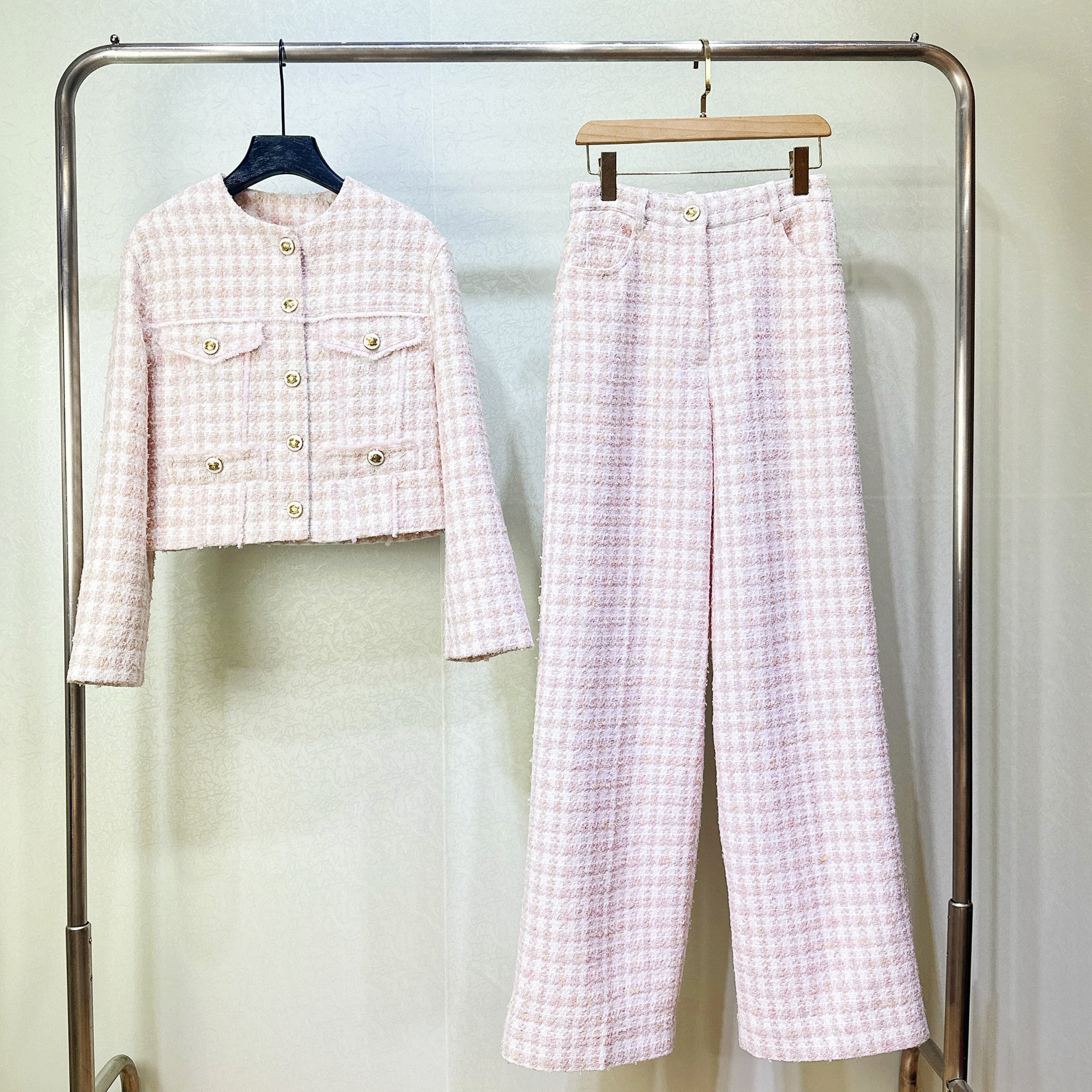 Pink tweed short jacket high-waisted wide-leg pants set