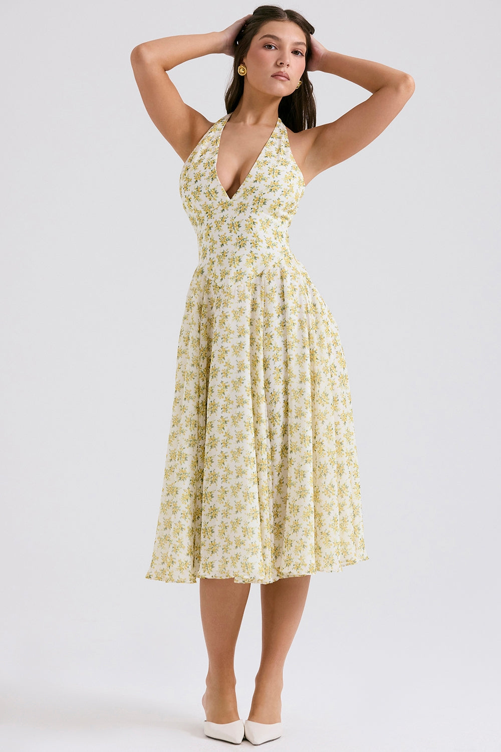 SOLADA IVORY VINTAGE FLORAL PRINT GEORGETTE HALTER SUNDRESS MIDI DRESS - White