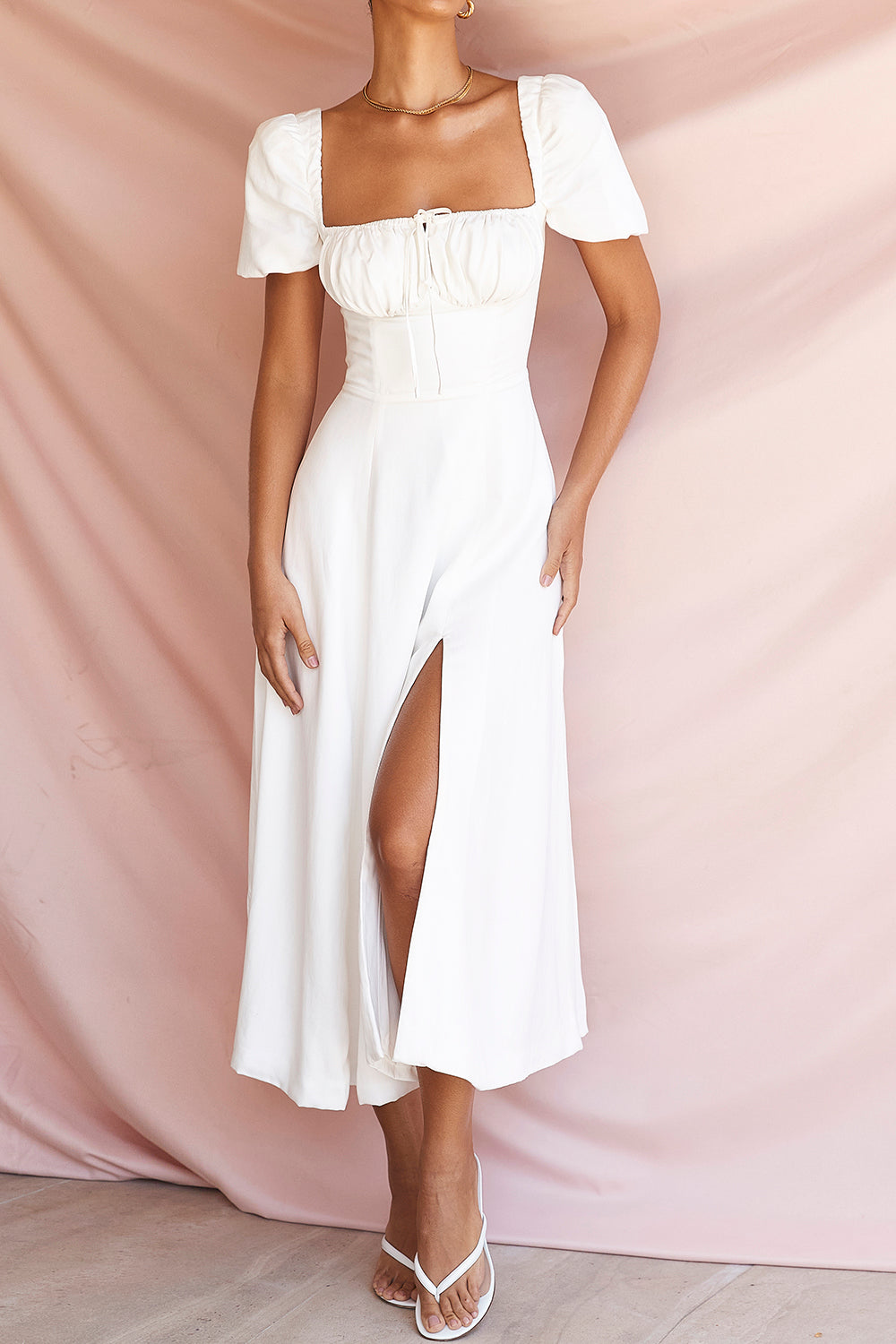TALLULAH WHITE PUFF SLEEVE MIDI DRESS - White