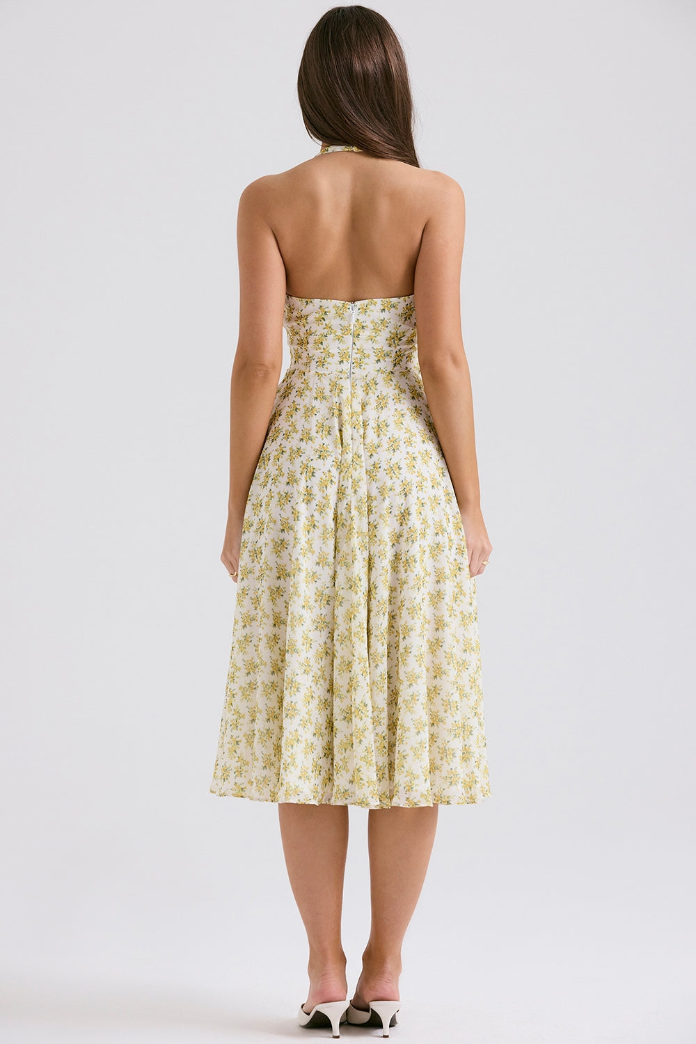 SOLADA IVORY VINTAGE FLORAL PRINT GEORGETTE HALTER SUNDRESS MIDI DRESS - White