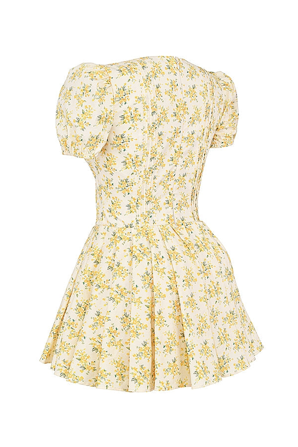 IMANI BUTTERCUP VINTAGE FLORAL PRINT PLEATED COTTON MINI DRESS - Yellow