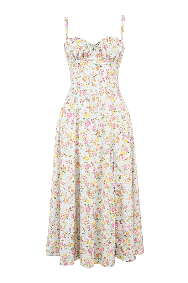 CARMEN PALE BLUE MEADOW PRINT COTTON BUSTIER SUNDRESS MIDI DRESS - White