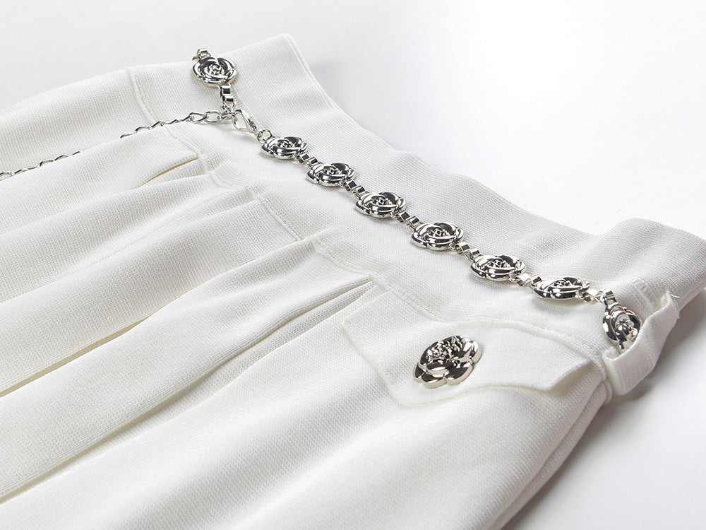 flower buttons, short sleeve top pleated skirt set