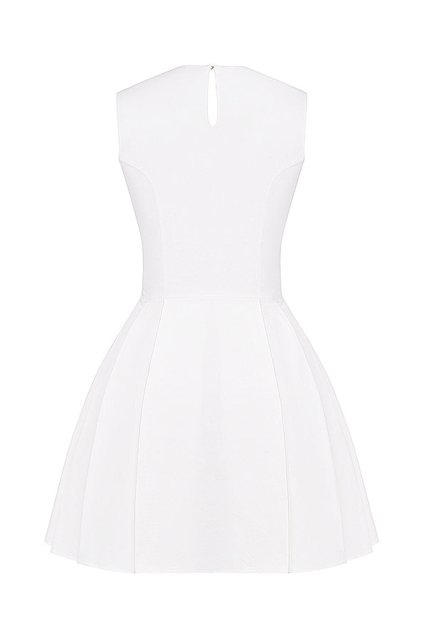CLARETTA WHITE PLEATED COTTON MINI DRESS - White