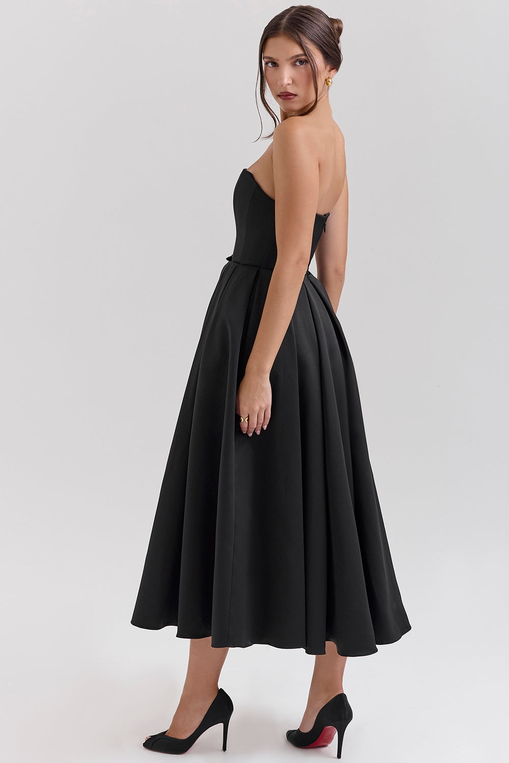 Strapless Satin Corset Midi Dress - Black Strapless Satin Corset Midi Dress - Black
