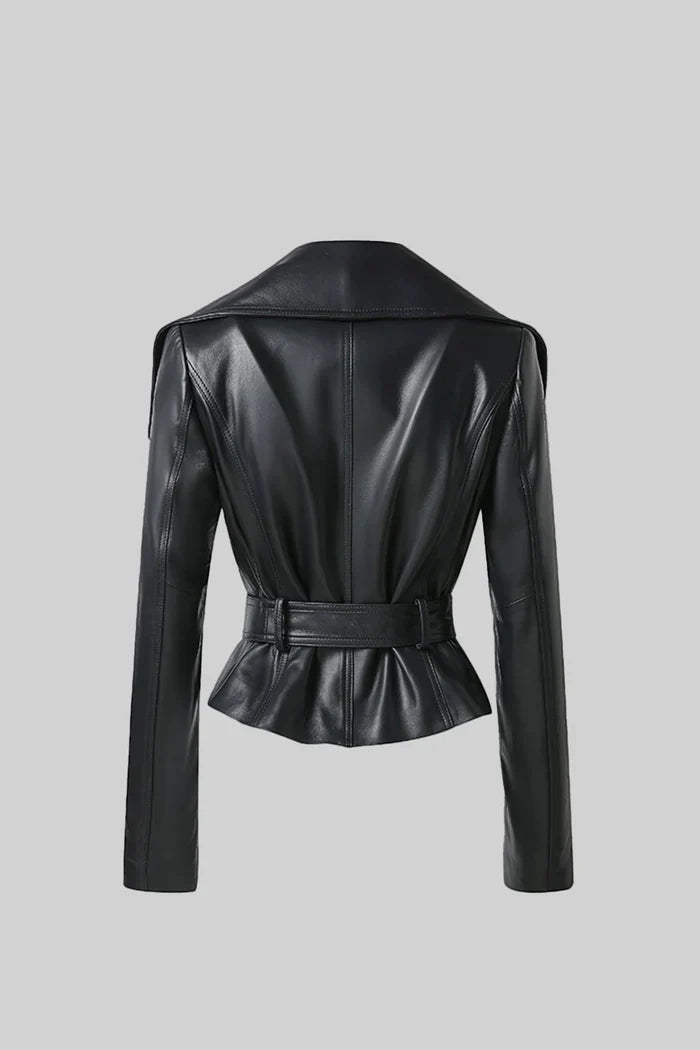 Wide Lapel Leather Jacket With Belt - Black