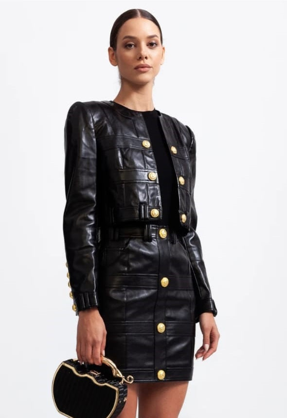Vegan Leather Co-ord with Golden Buttons - Black