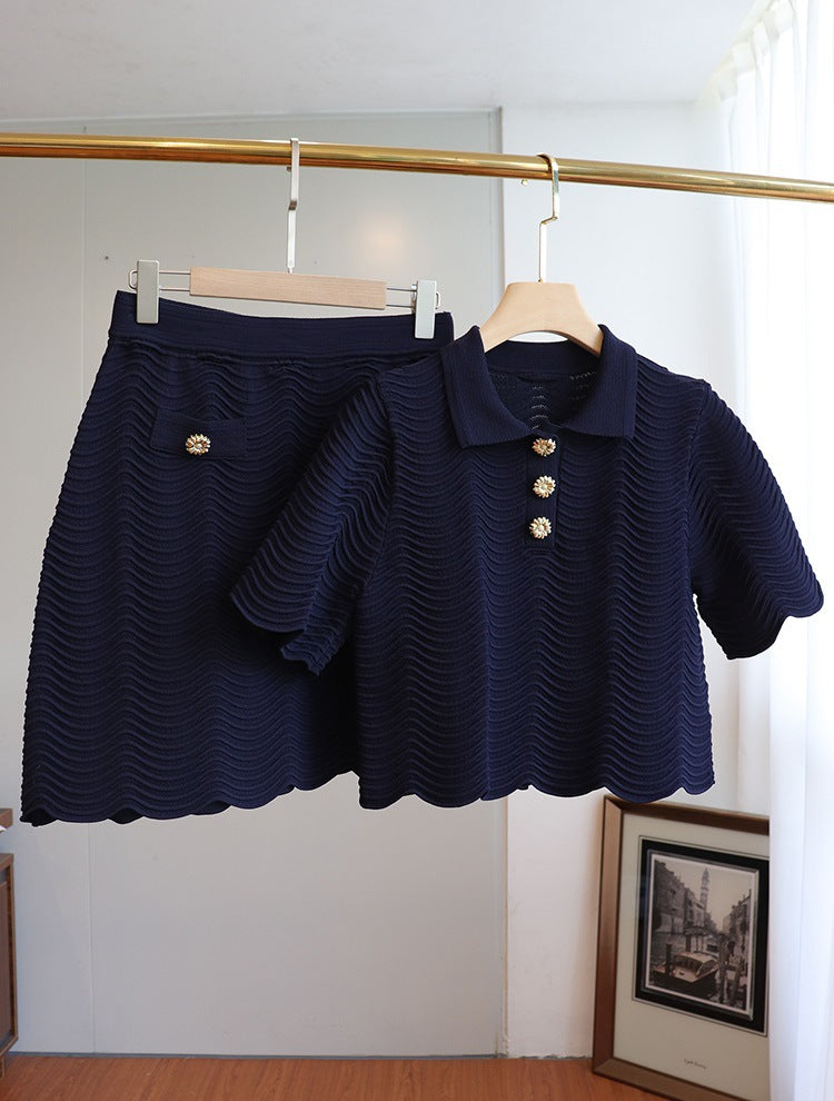 Water ripple short-sleeved knit sweater + skirt