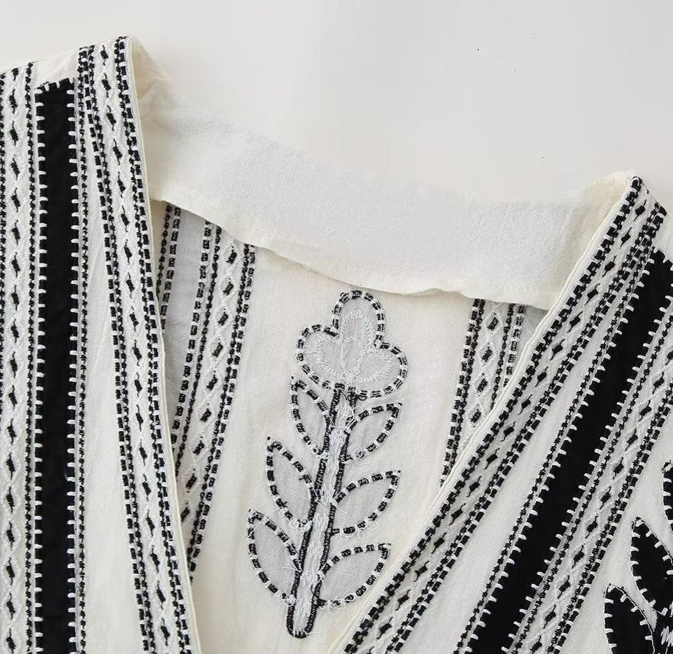 V-Neck Stitched Embroidered Mini Dress