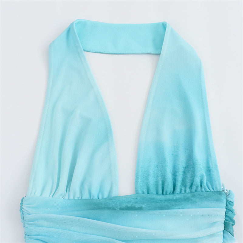 Halterneck backless Blue Dress