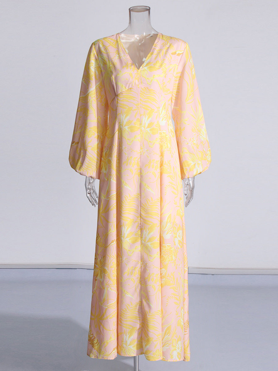 Printed Balloon Sleeve High Waisted Dress