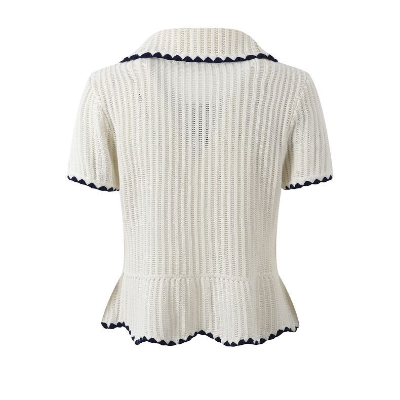 Ruffle lapel single-breasted short-sleeved knit top