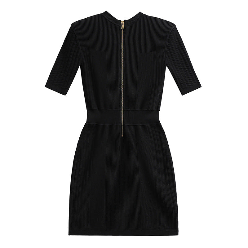 Zipper Short Sleeve Cinched Waist Knit Dress