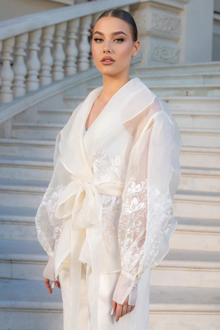 Organza Blazer with Floral Print and Puffy Sleeves - White