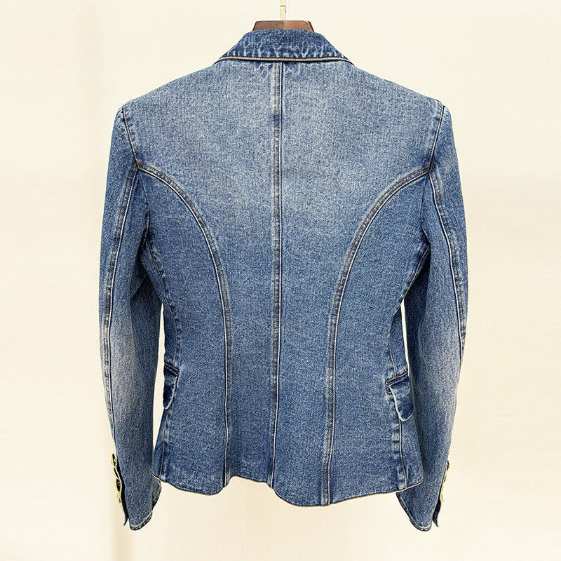 Double-breasted wash denim blazer