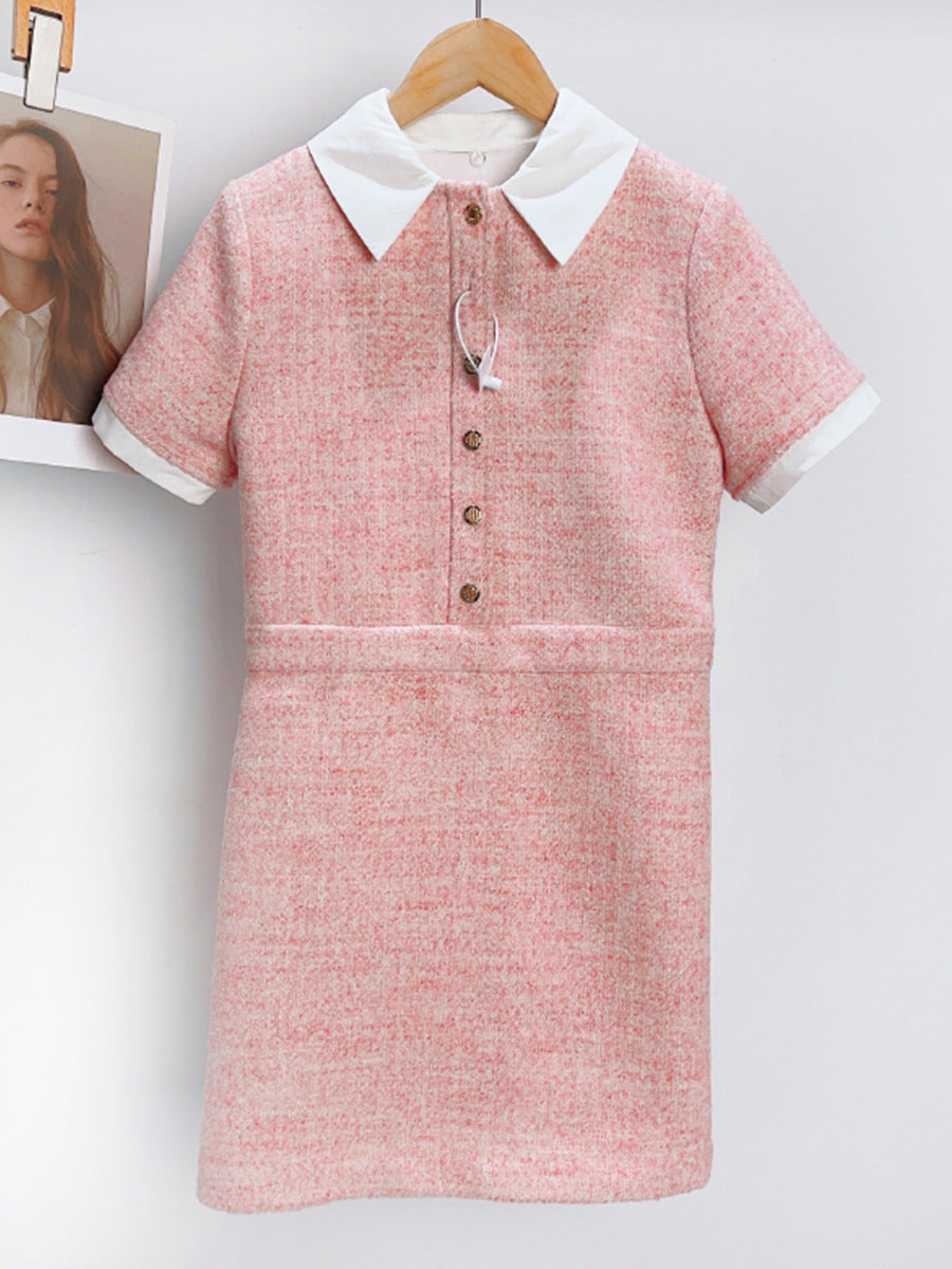 Summer new tweed contrast lapel dress
