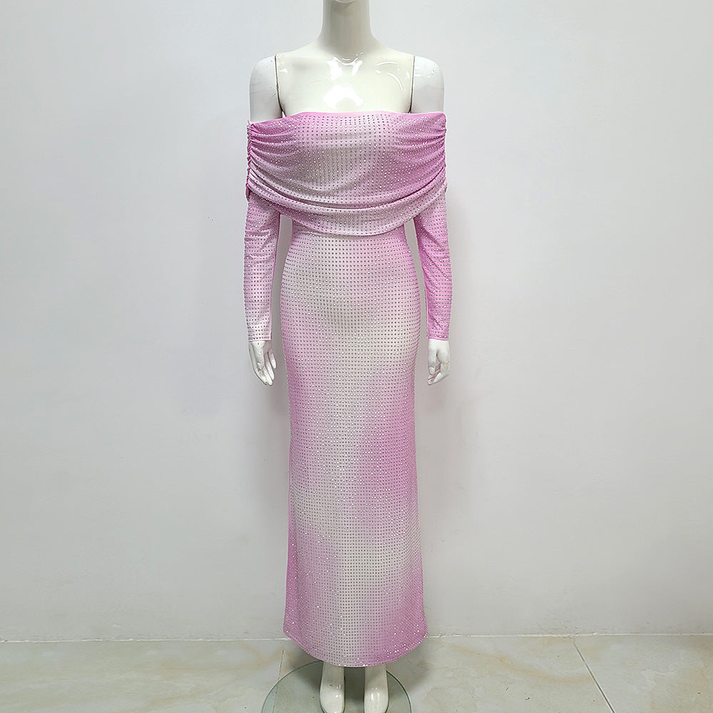 Seraphina Off-Shoulder Ombre Crystal Maxi Dress – Pink & White