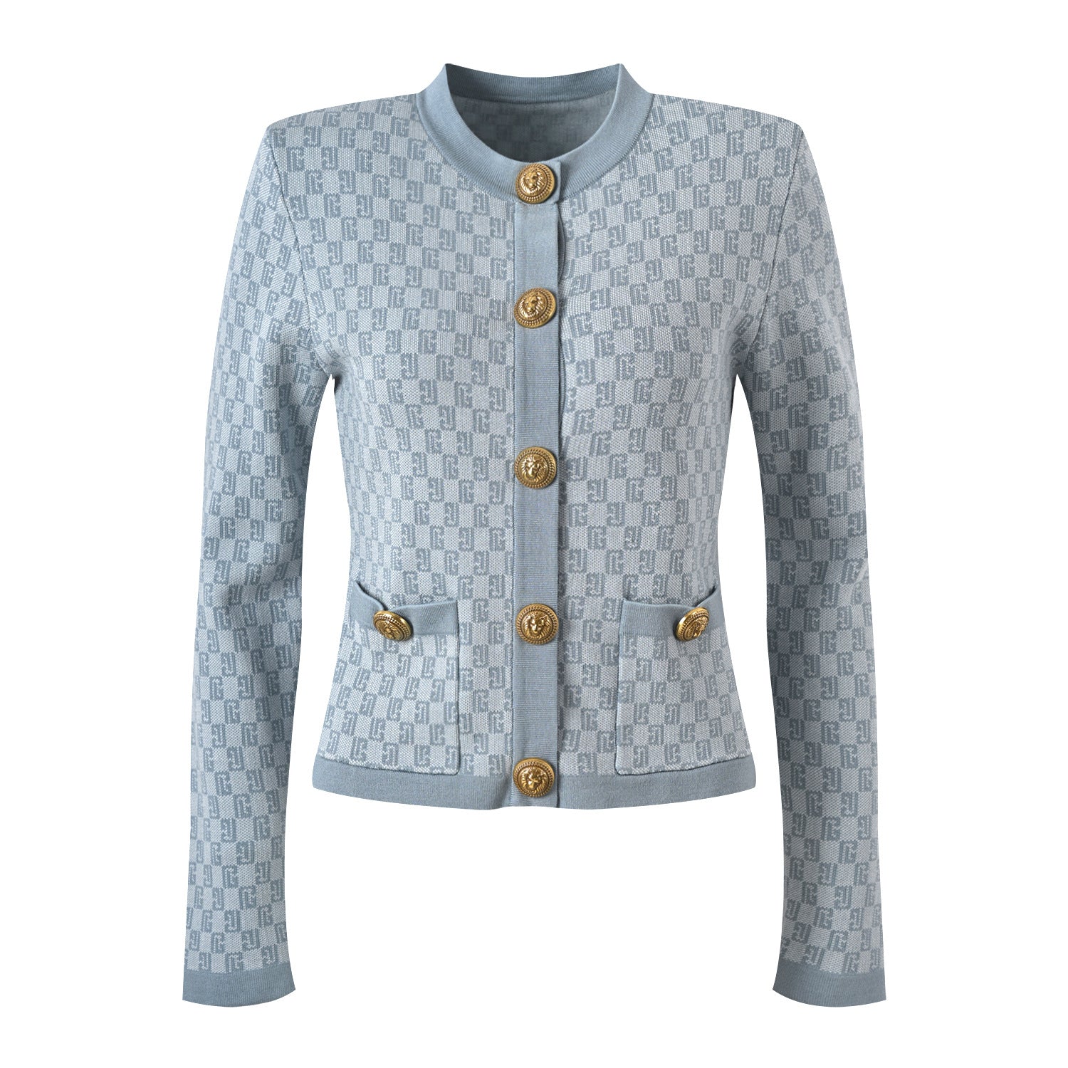 The Camille Luxe Jacquard Three-Piece Mini Skirt Set - Gray, Brown & Blue