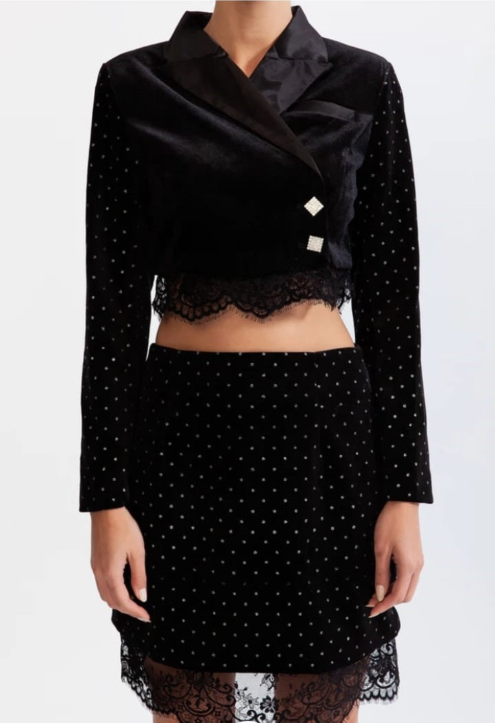 Velvet co-ord with lace - Black