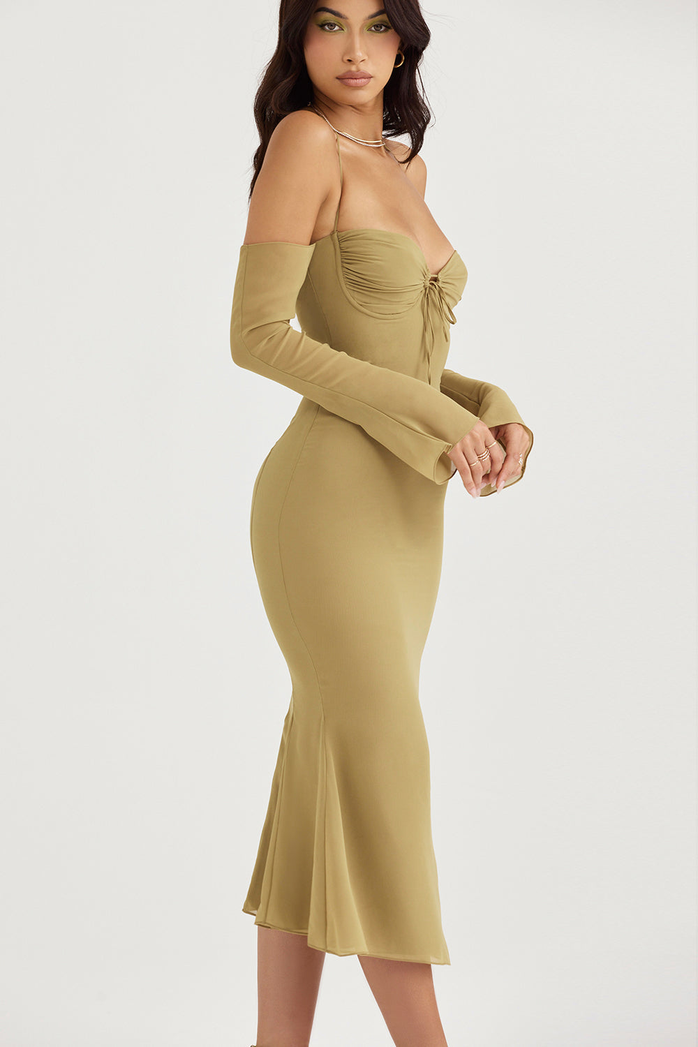 NAOMI OLIVE HALTER MIDI DRESS - Olive green