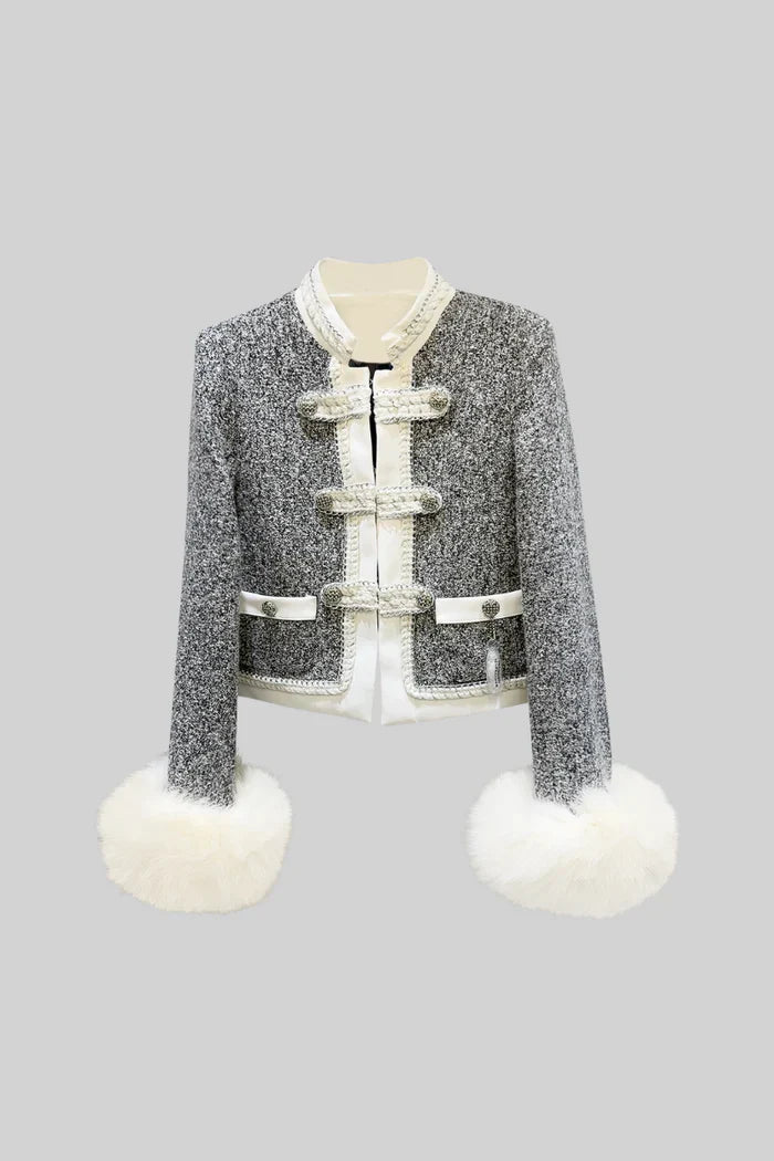 FAUX FUR BLAZER WITH MILITARY DETAILS - GRAY