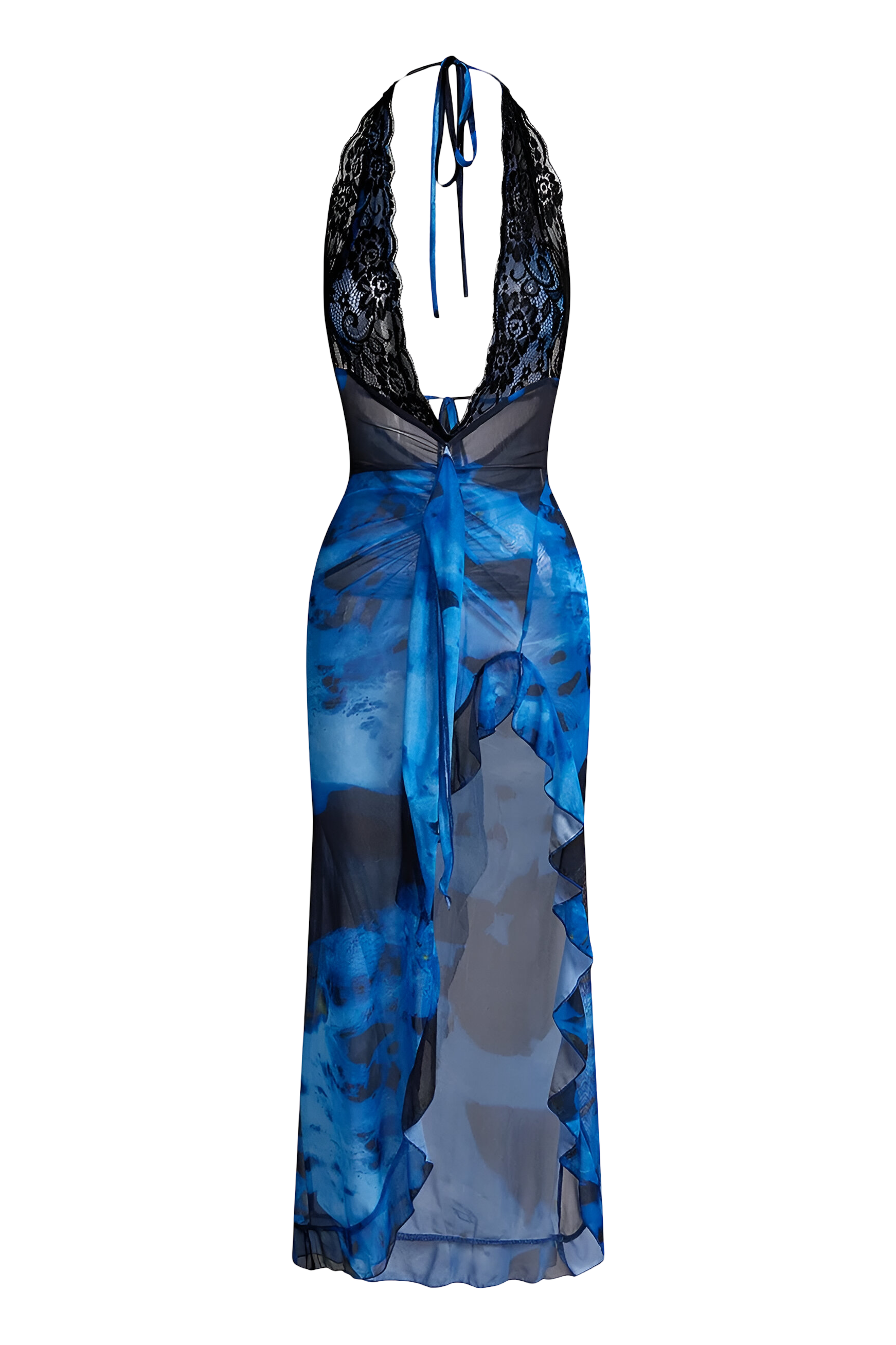 SIREN Blue Ruffled Plunge Neck Asymmetrical Dress - Blue