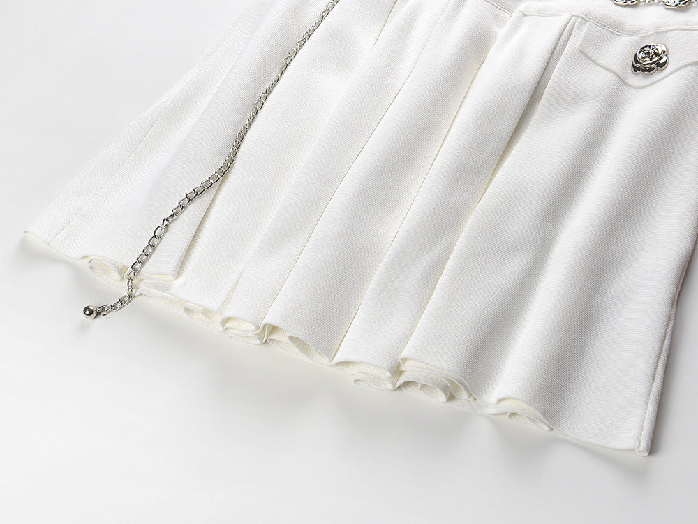 flower buttons, short sleeve top pleated skirt set