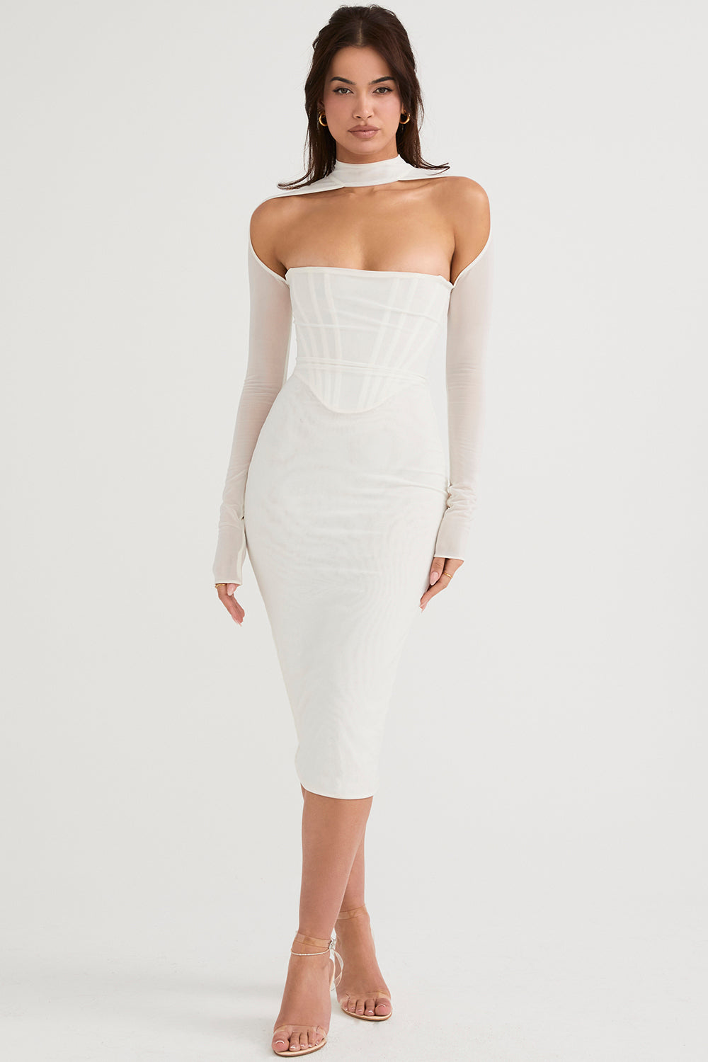 MILAROSE WHITE MESH CORSET MIDI DRESS - White