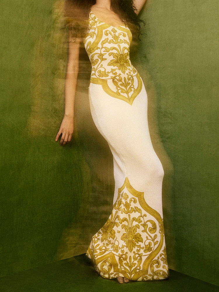 Waist print backless dress