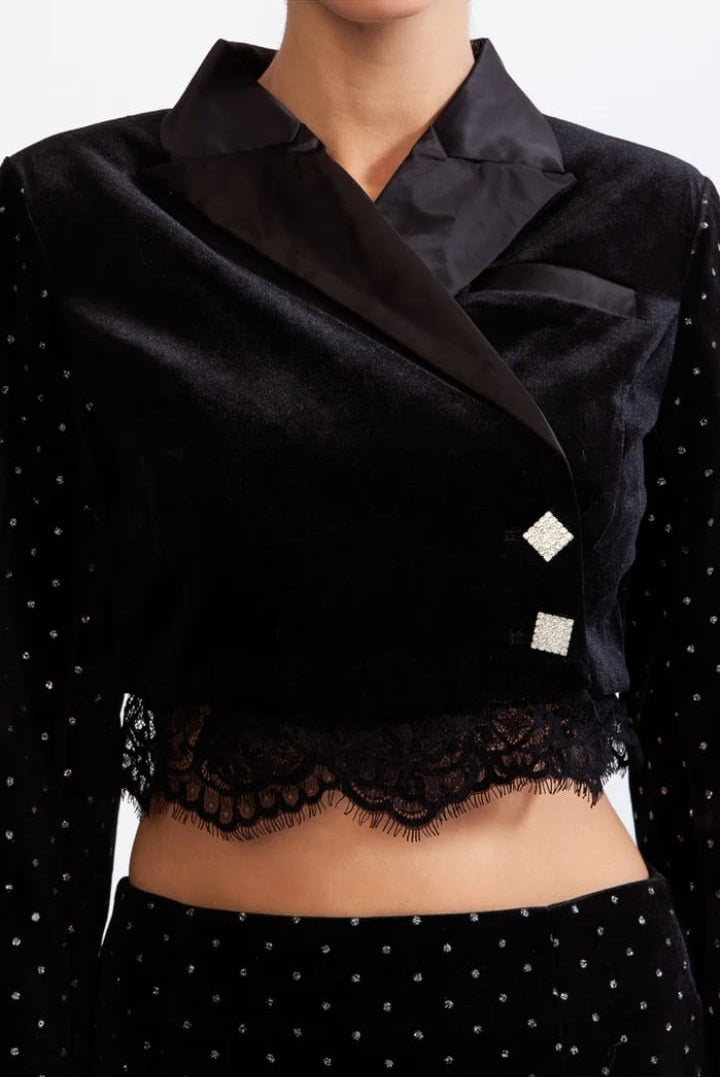 Velvet co-ord with lace - Black